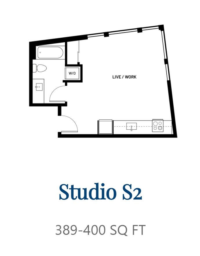 Floor plan for studio, 1 bath, 389 sqft